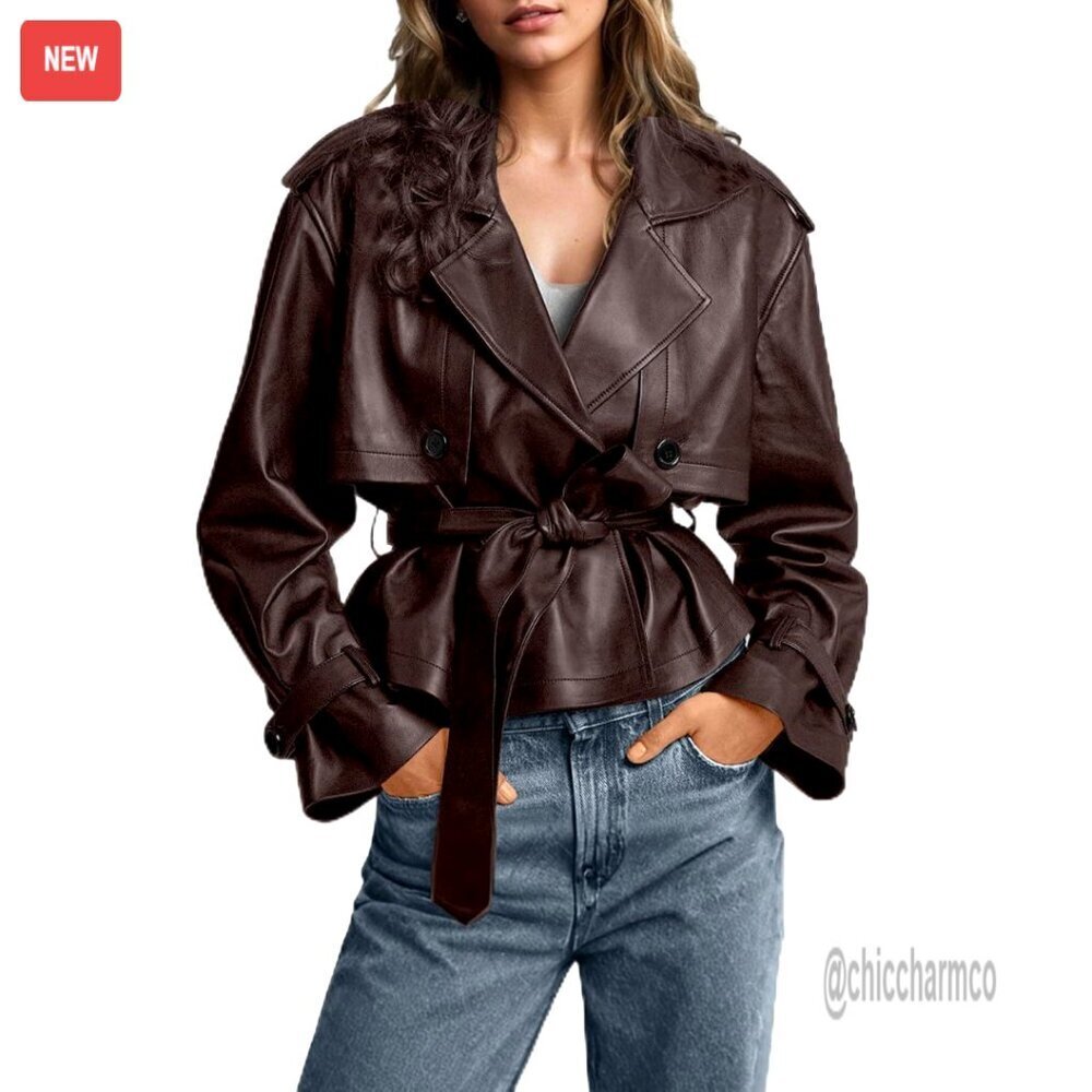 Faux Leather Short Trench Coat Belted Moto Chic Casual Office Wear Jacket